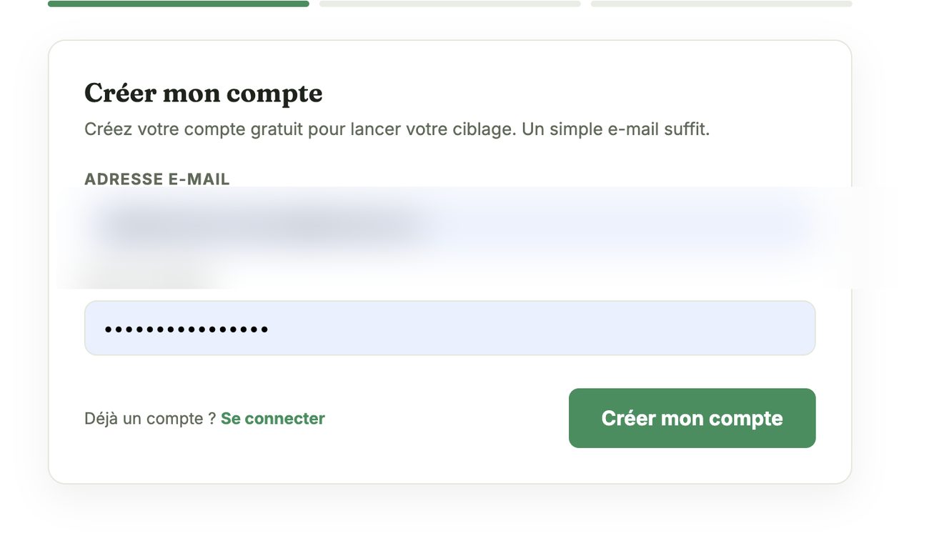 Écran de création de compte