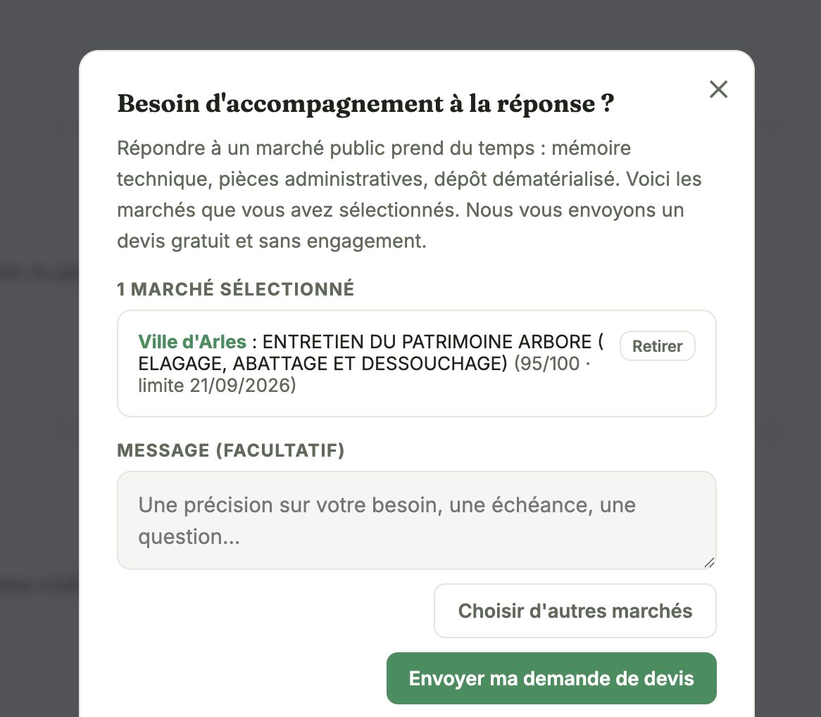 La demande d'accompagnement avec un marché sélectionné