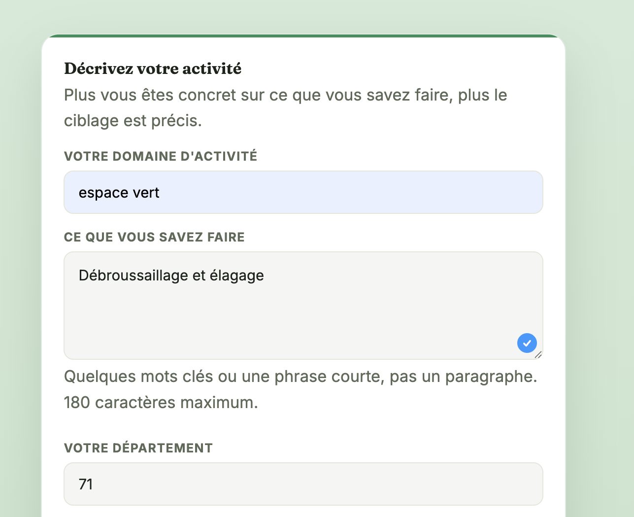 Le formulaire de ciblage avec ses trois champs