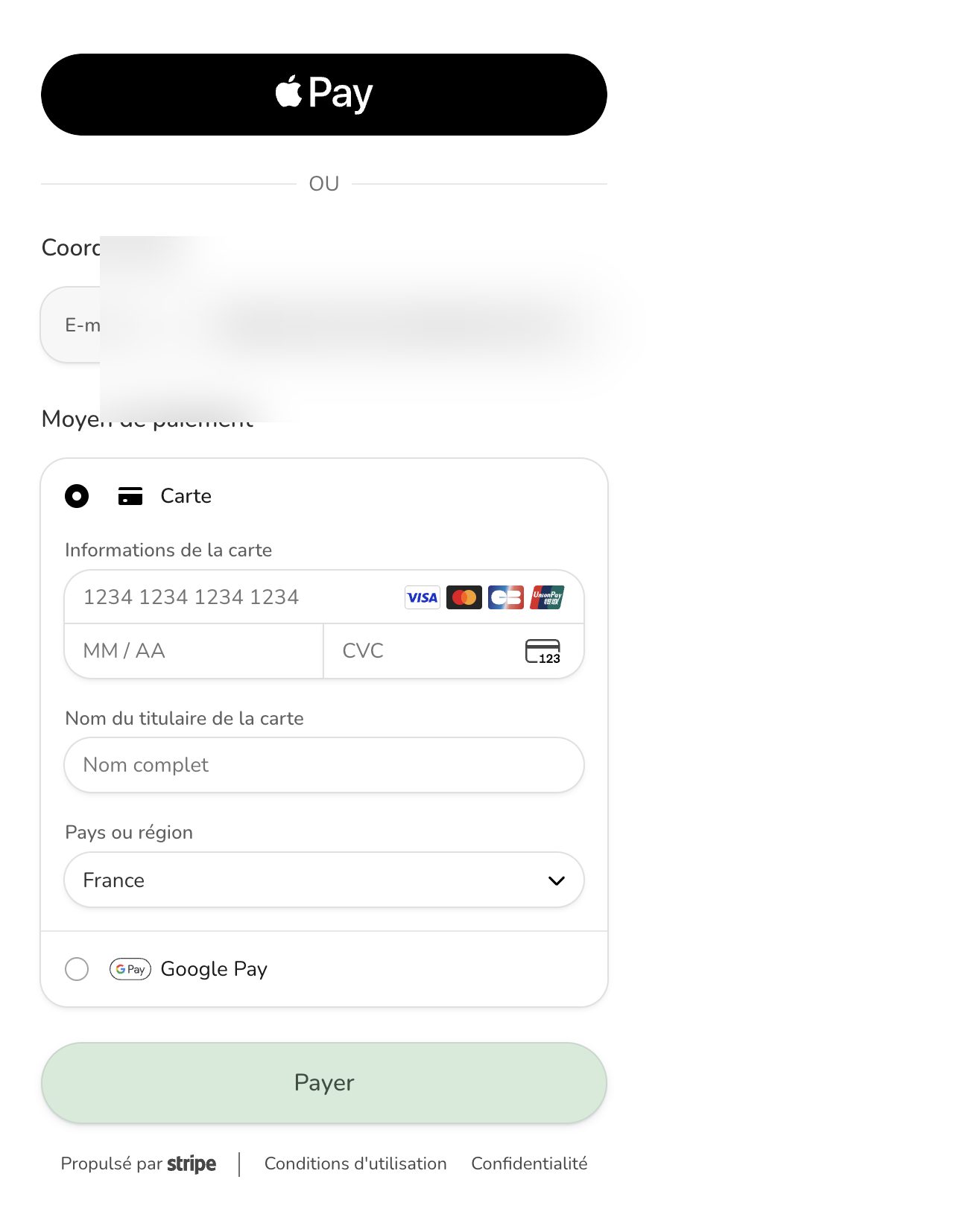 La page de paiement sécurisée